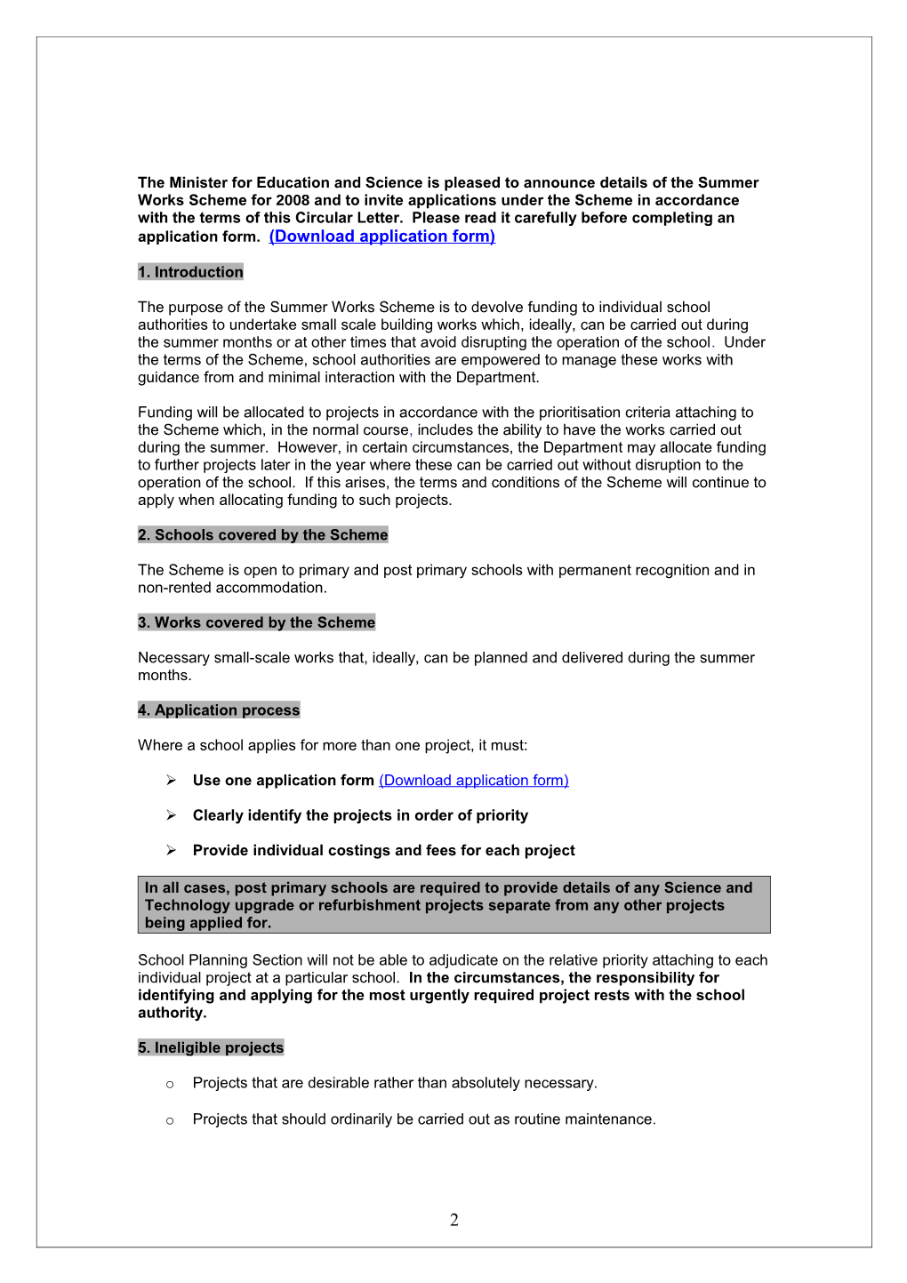 Circular 0043/2007 - Summer Works Scheme 2008 - Scheme of Capital Grants for Small Scale