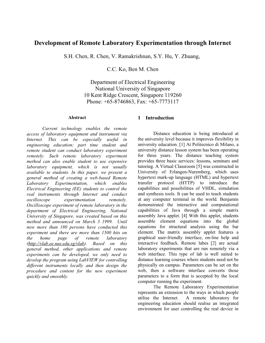 Development of Remote Laboratory Experimentation Through Internet