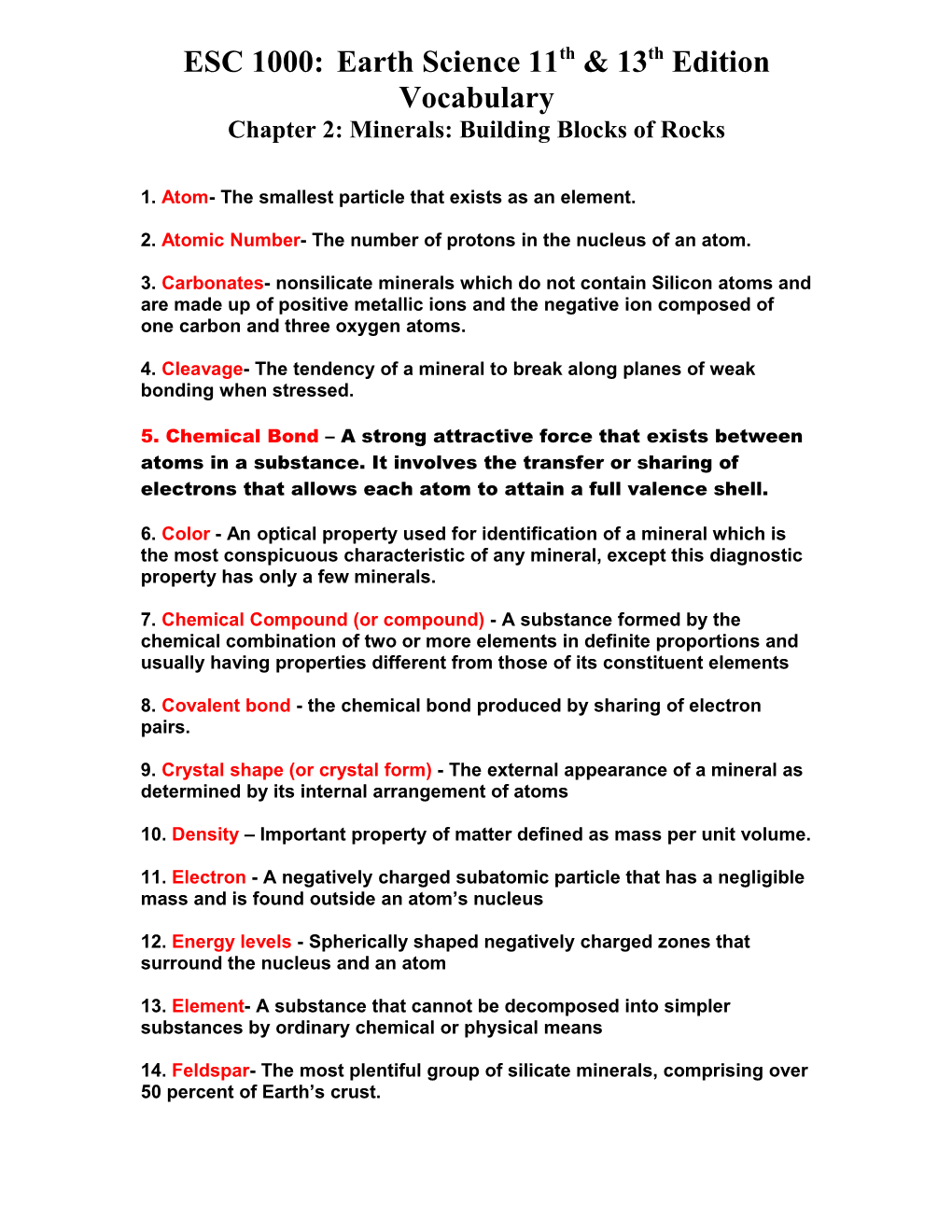 ESC 1000: Earth Science 11Th & 13Th Edition Vocabulary