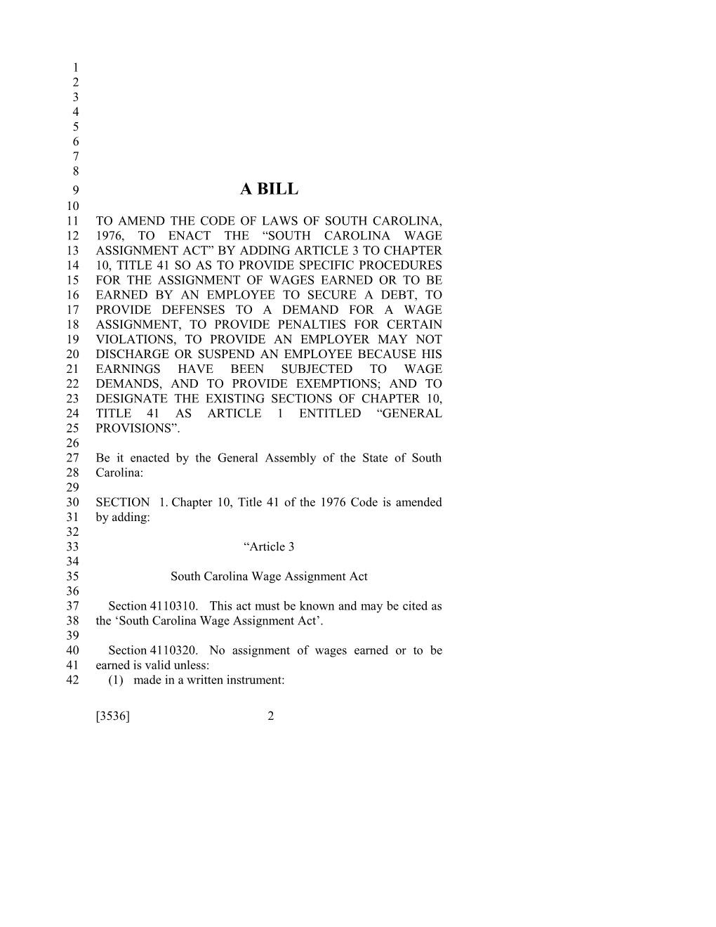 2015-2016 Bill 3536: SC Wage Assignment Act - South Carolina Legislature Online
