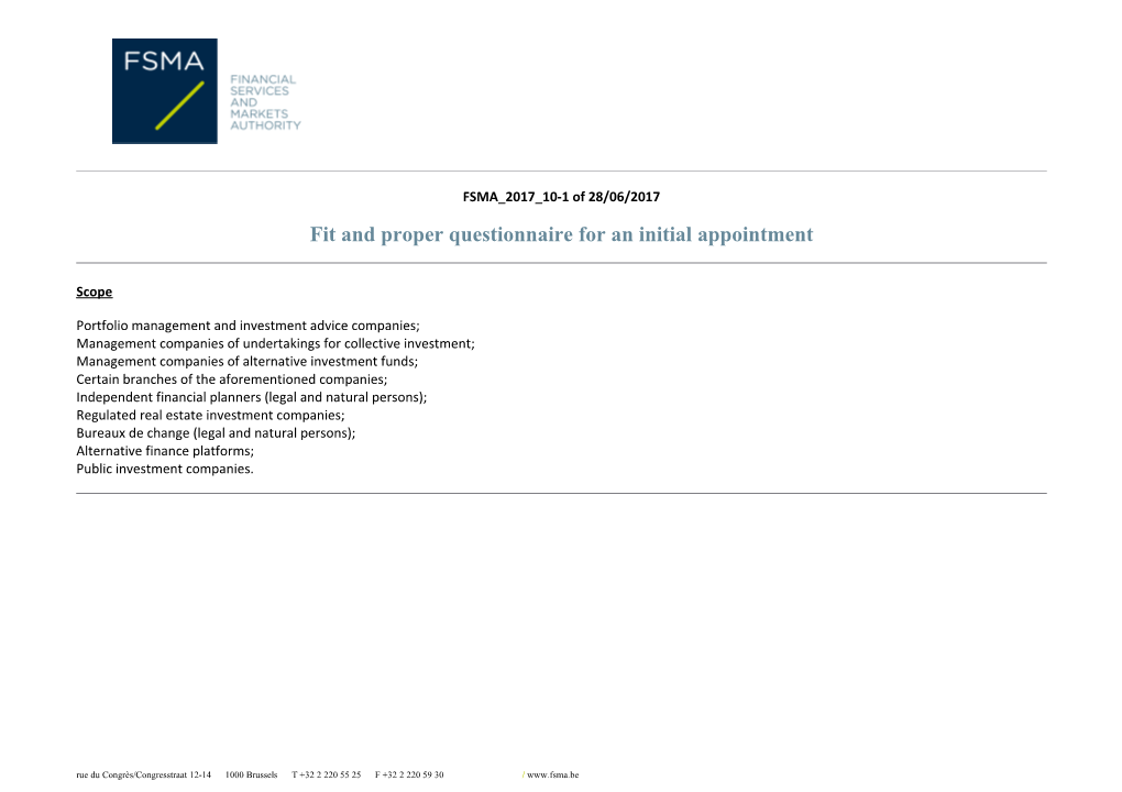 Fit and Proper Questionnaire for an Initial Appointment