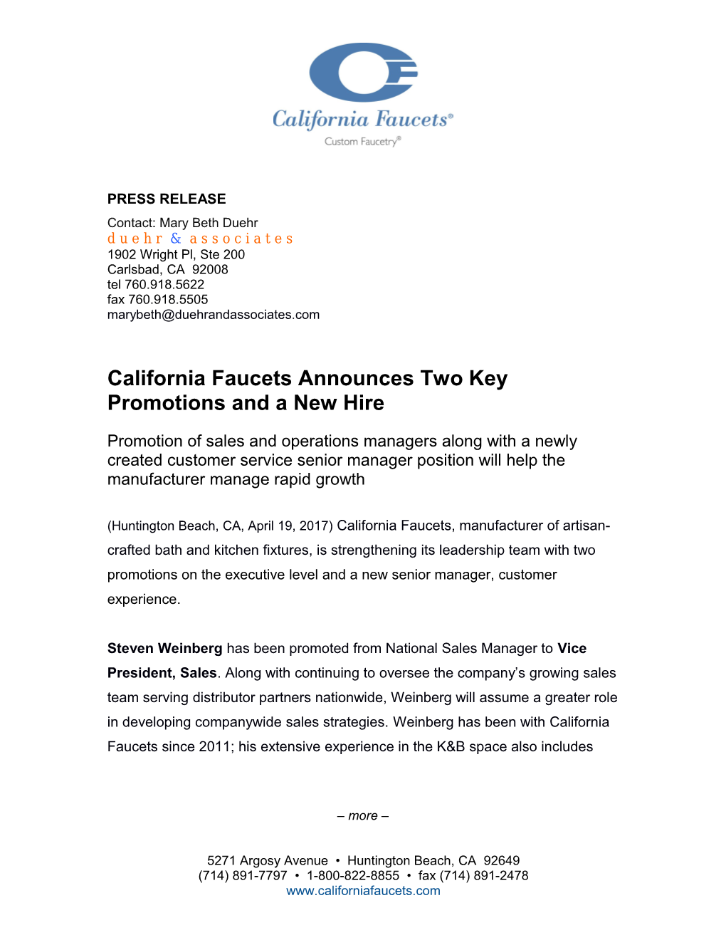 California Faucets Announces Two Key Promotions and a New Hire