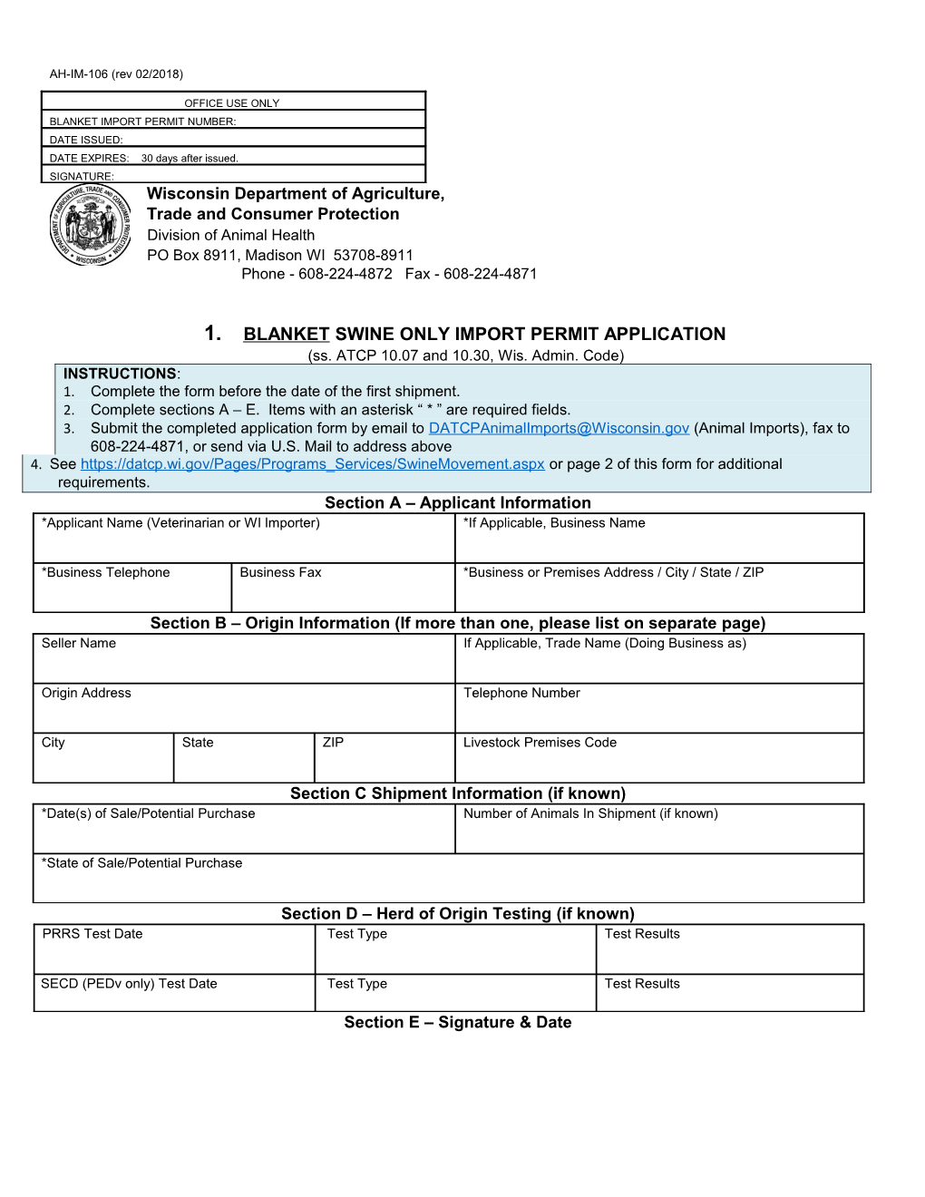 Blanket Swine Import Permit Application