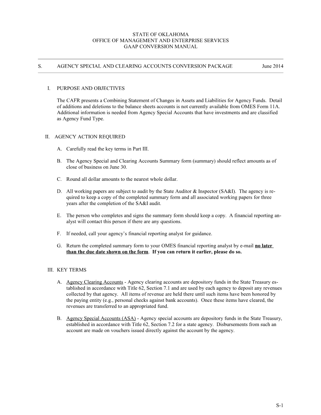 OSF Form S-1: Agency Special and Clearing Accounts Conversion Package