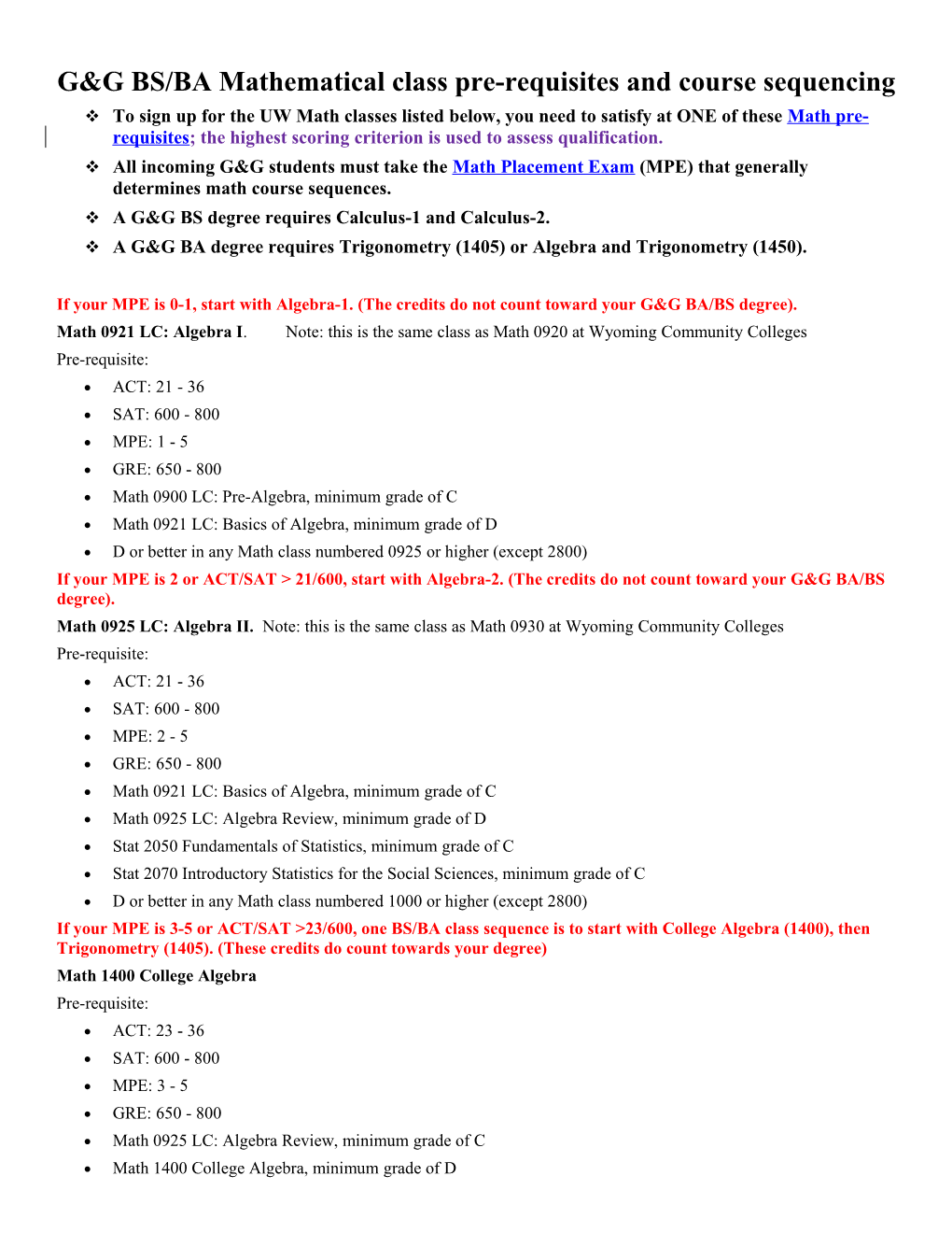 G&G BS/BA Mathematical Class Pre-Requisites and Course Sequencing