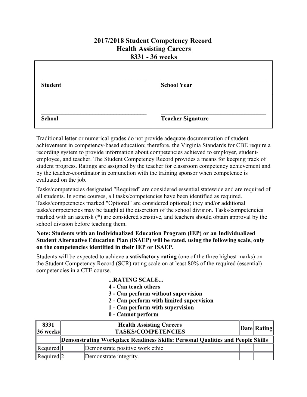 2017/2018 Student Competency Record