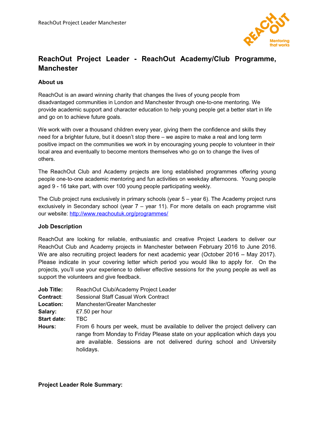 Reachout Project Leader - Reachout Academy/Club Programme, Manchester