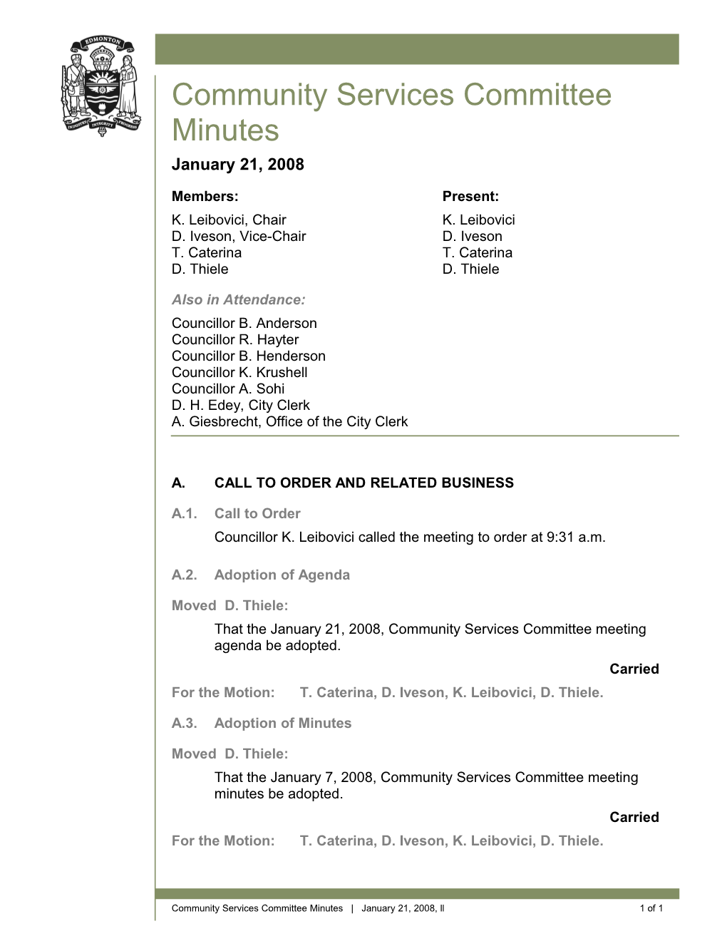 Minutes for Community Services Committee January 21, 2008 Meeting