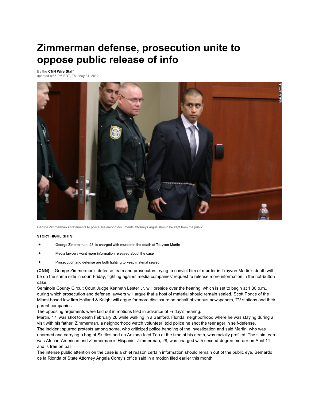 Zimmerman Defense, Prosecution Unite to Oppose Public Release of Info