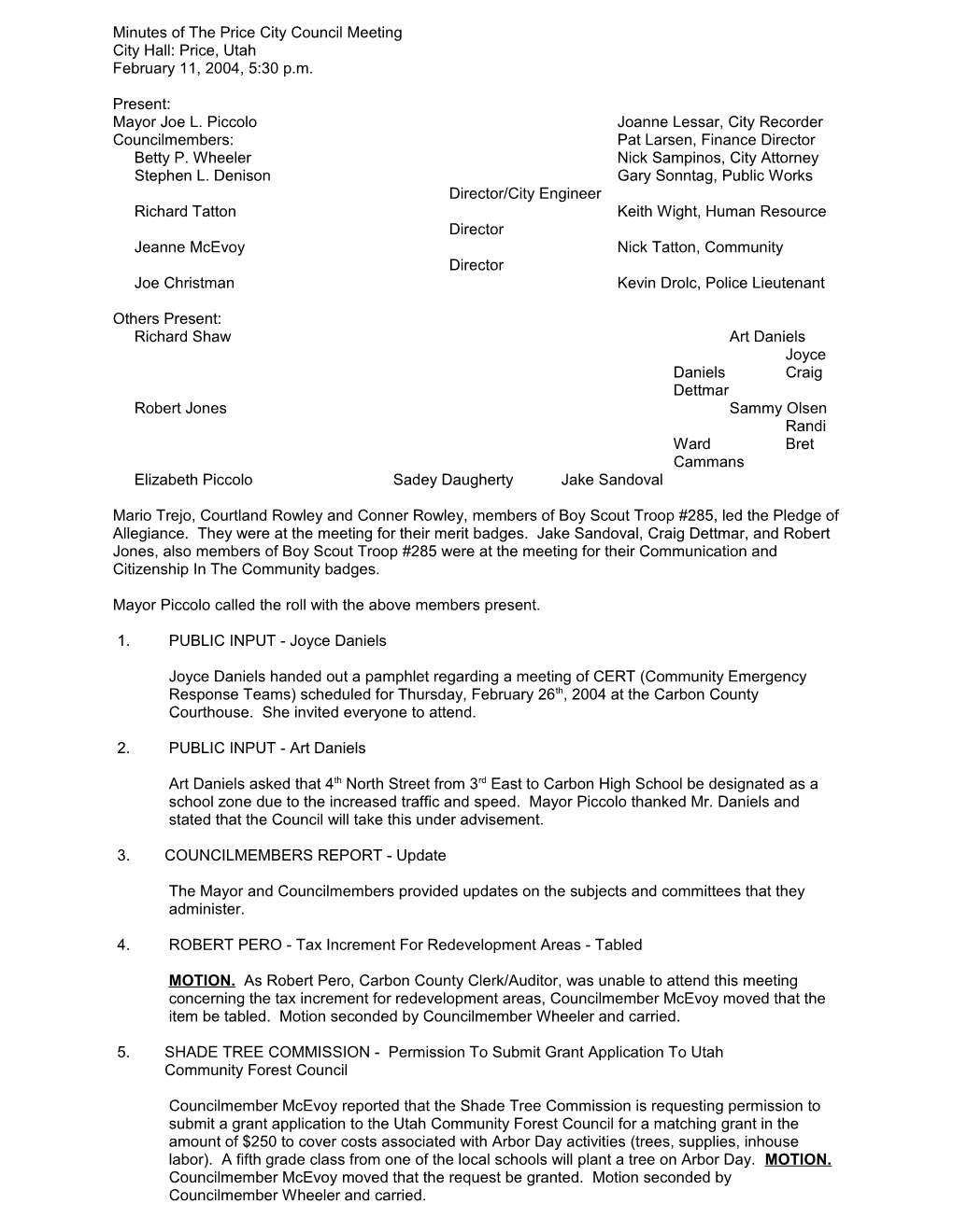 Minutes of the Price City Council Meeting