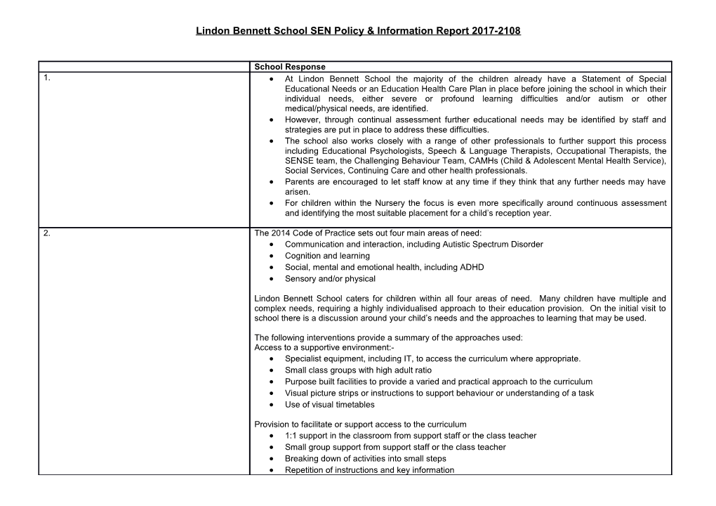 Lindon Bennett School SEN Policy & Information Report 2017-2108