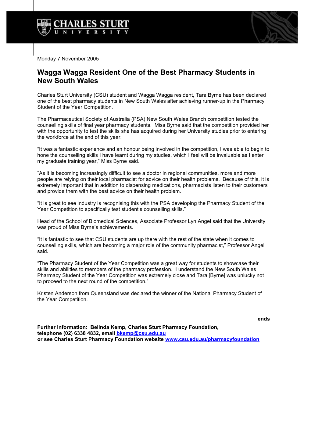 Wagga Wagga Resident One of the Best Pharmacy Students in New South Wales
