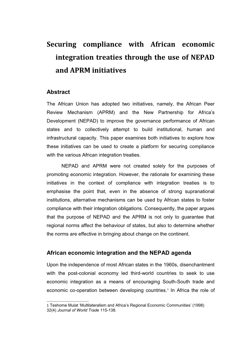 African Economic Integration and the NEPAD Agenda