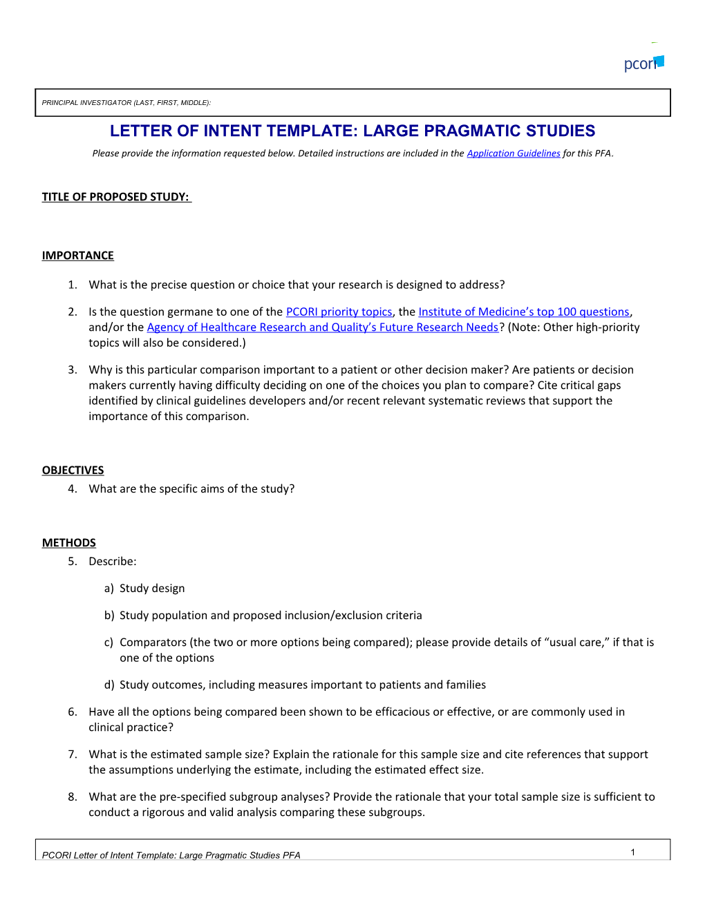 Letter of Intent Template: Large Pragmatic Studies