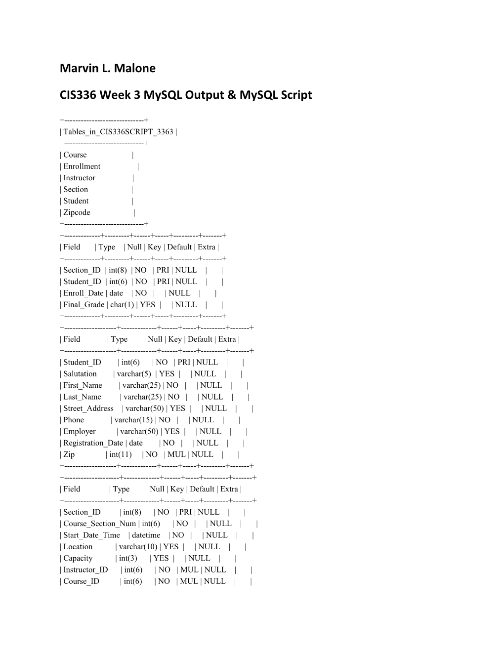 CIS336 Week 3 Mysql Output & Mysql Script