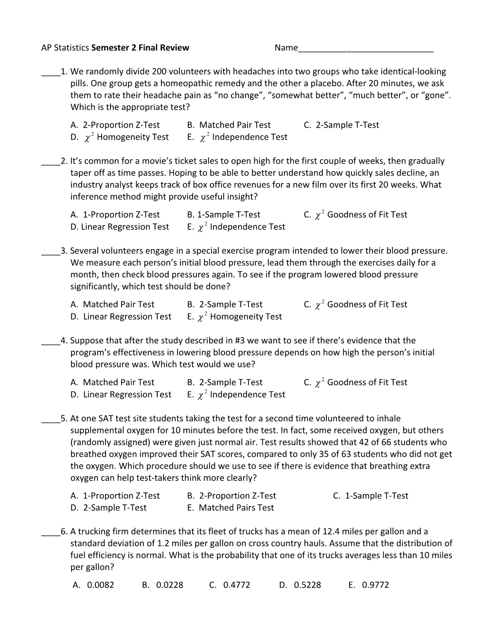 AP Statistics Semester 2 Final Review Name______