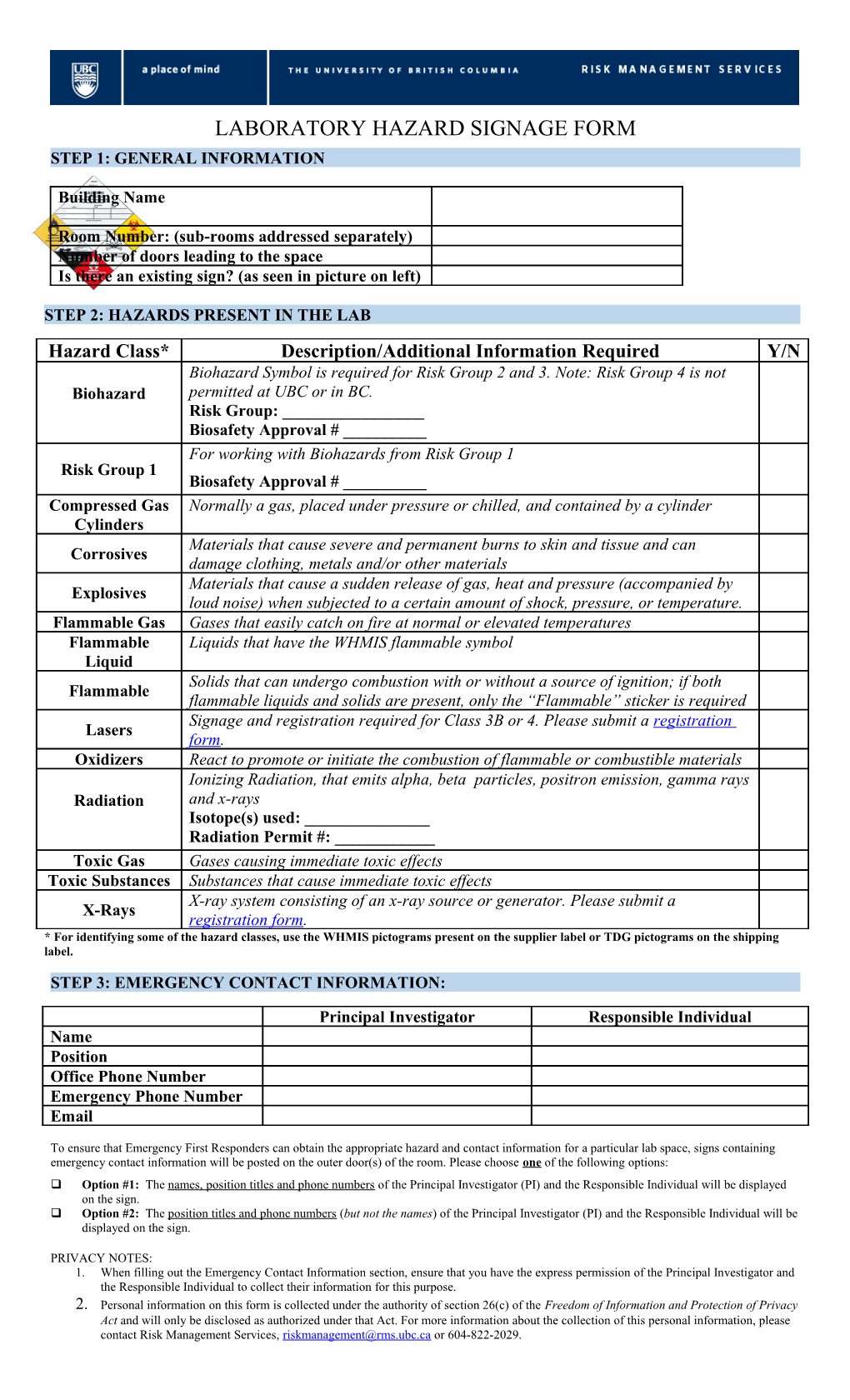 Laboratory Hazard Signage Form