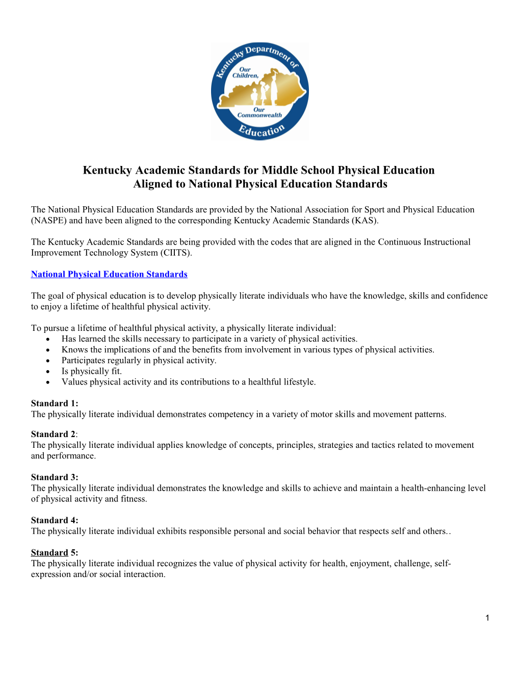 Kentucky Academic Standards for Middle School Physical Education