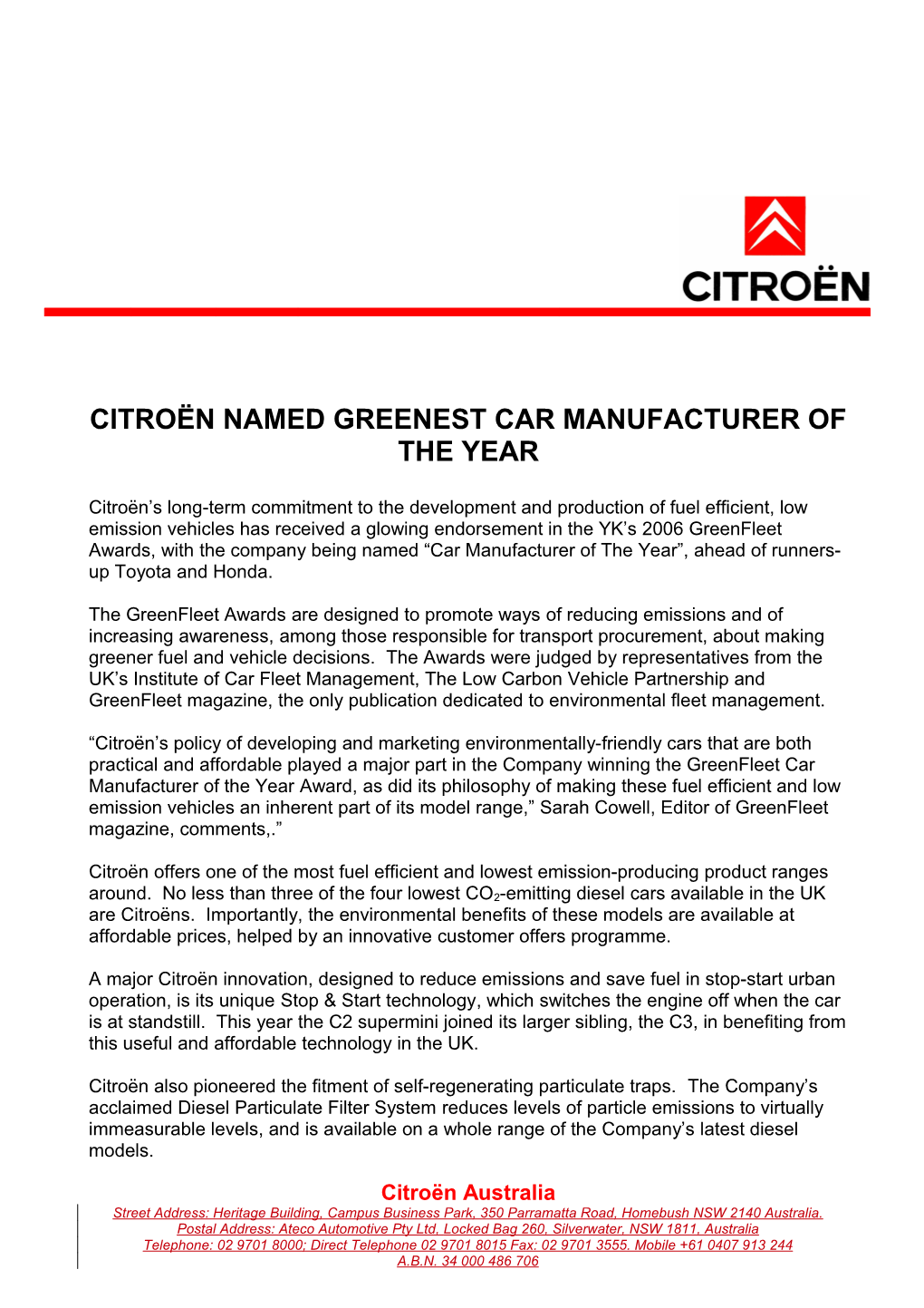 Citroën Named Greenestcar Manufacturer of the Year