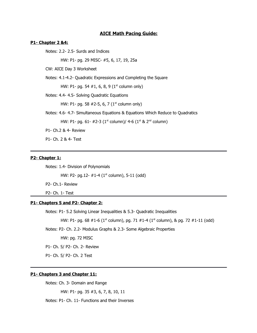 AICE Math Pacing Guide