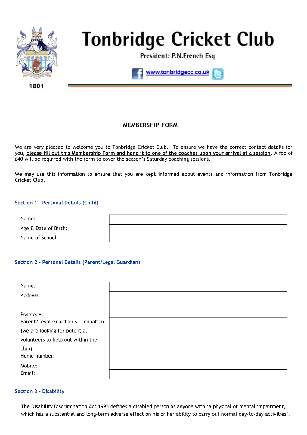 Tonbridge Cricket Club - Registration Form