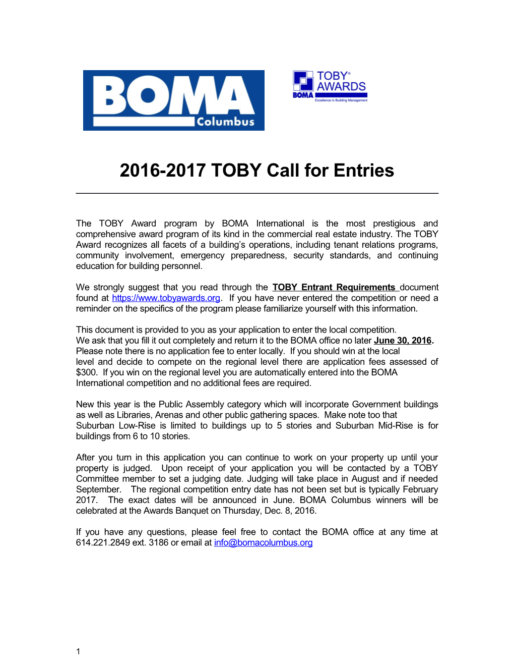 2016-2017 TOBY Call for Entries