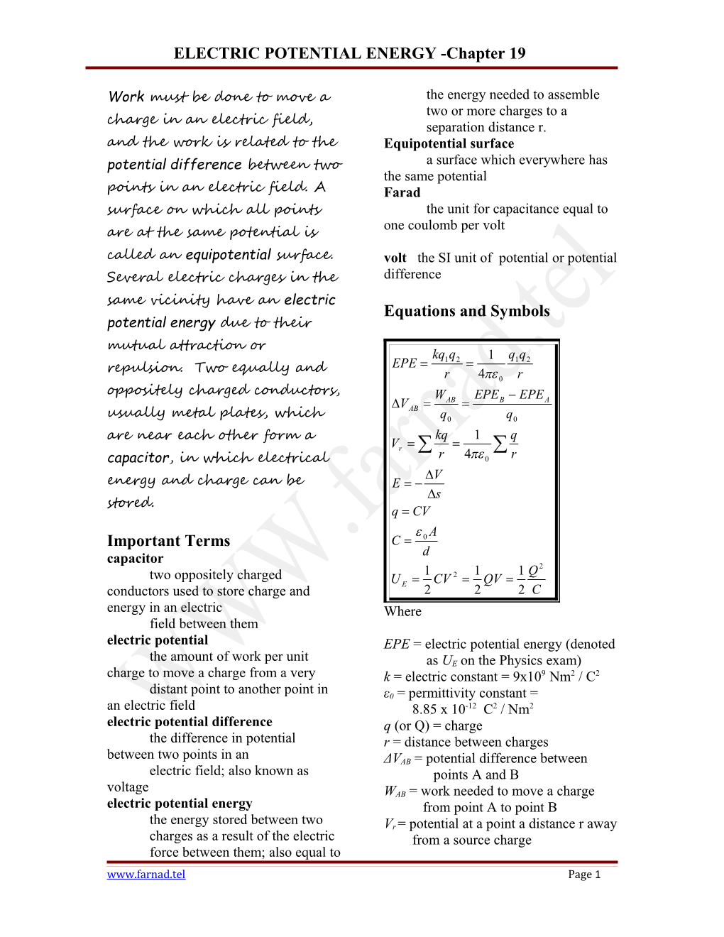 ELECTRIC POTENTIAL ENERGY -Chapter 19