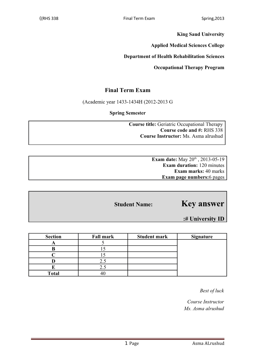 Spring,2013 Final Term Exam(RHS 338)