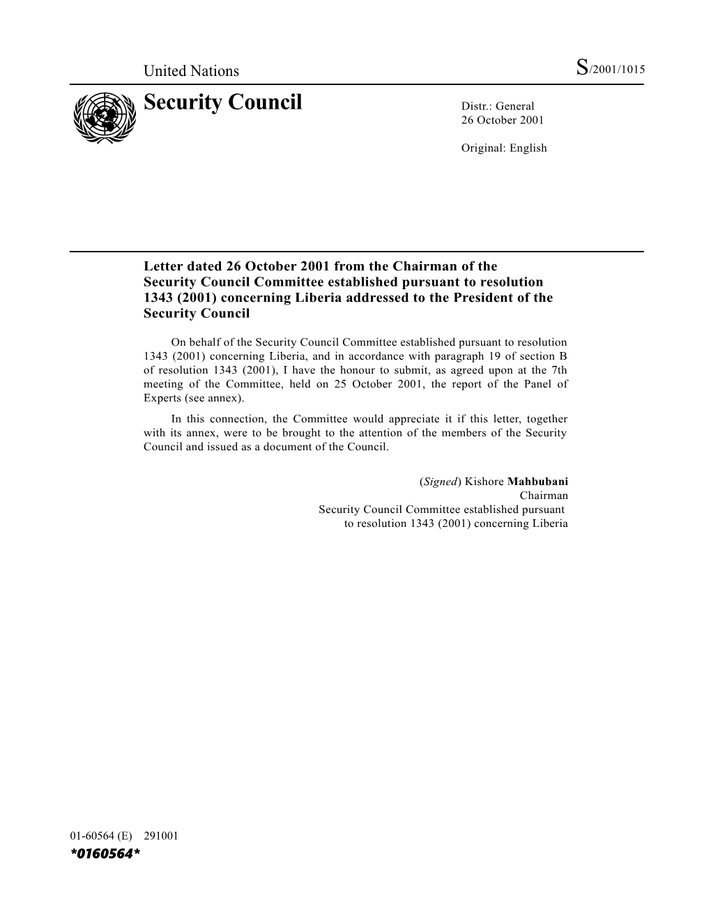 Letter Dated 26 October 2001 from the Chairman of the Security Council Committee Established