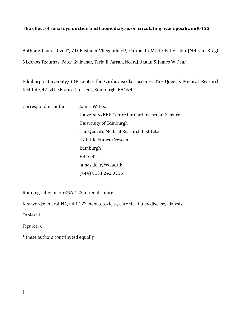 The Effect of Renal Dysfunction and Haemodialysis on Circulating Liver Specific Mir-122