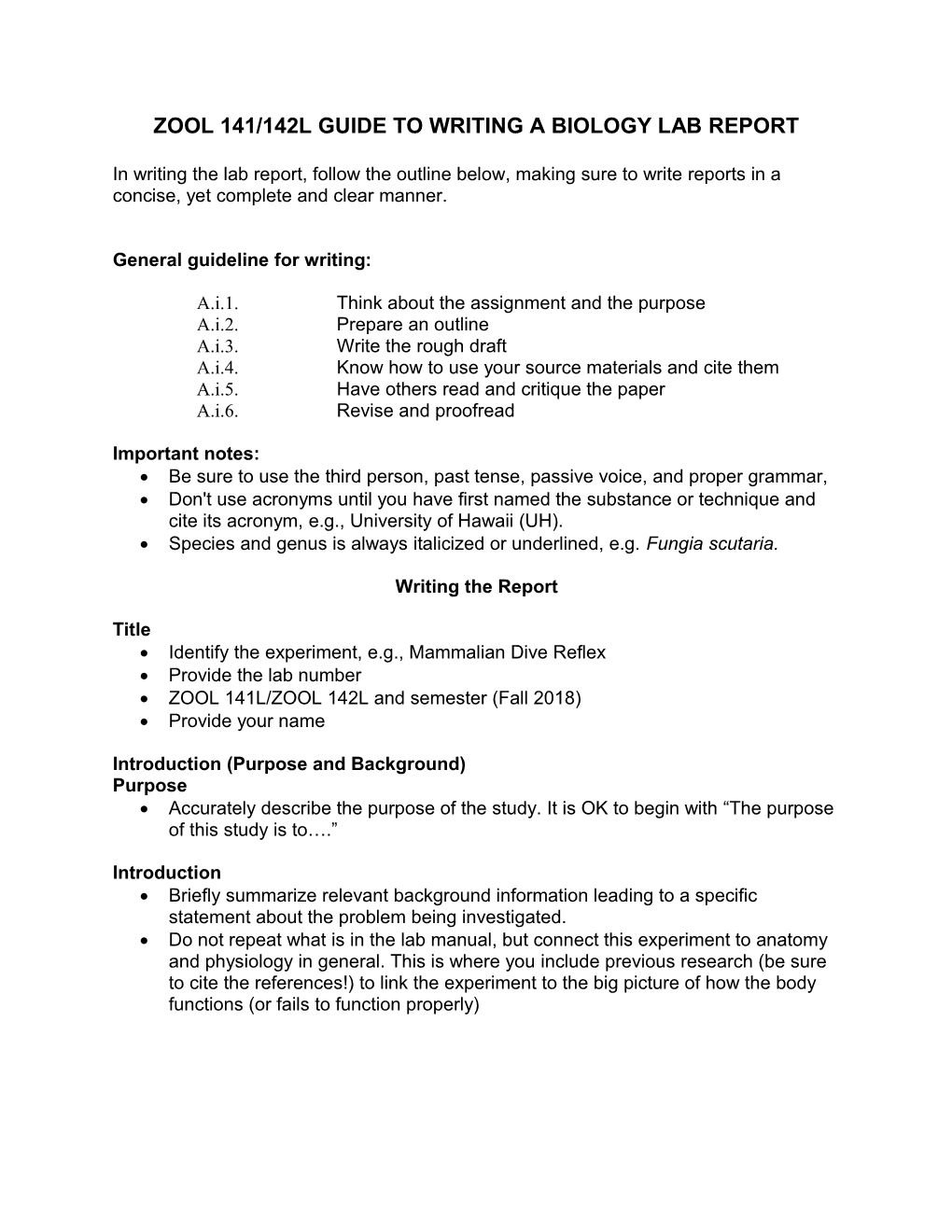 Zool 141/142L Guide to Writing a Biology Lab Report