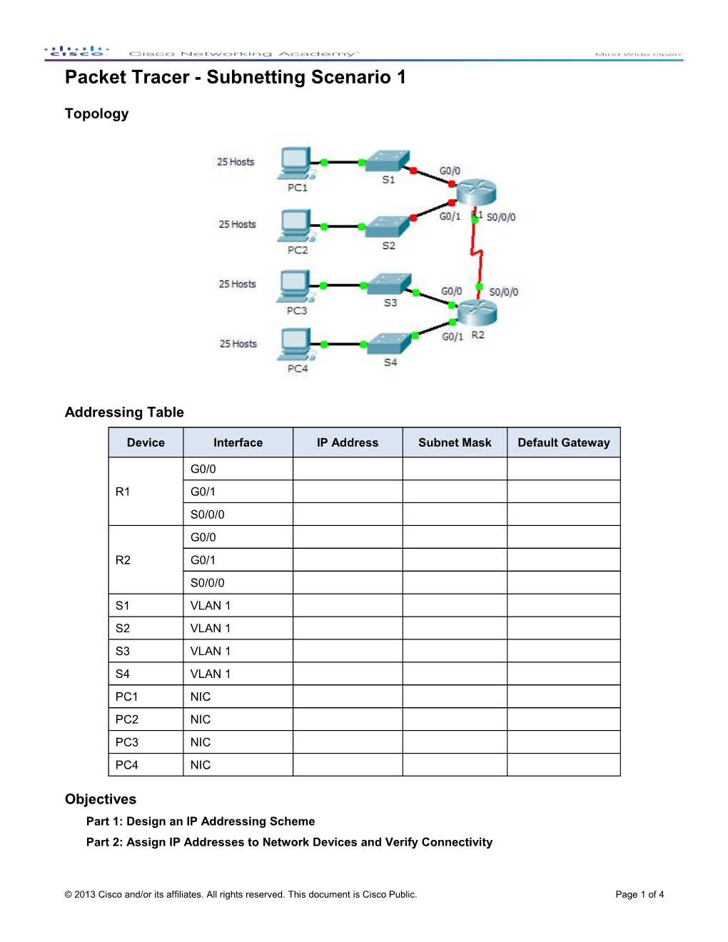 Packet Tracer - Subnetting Scenario 1