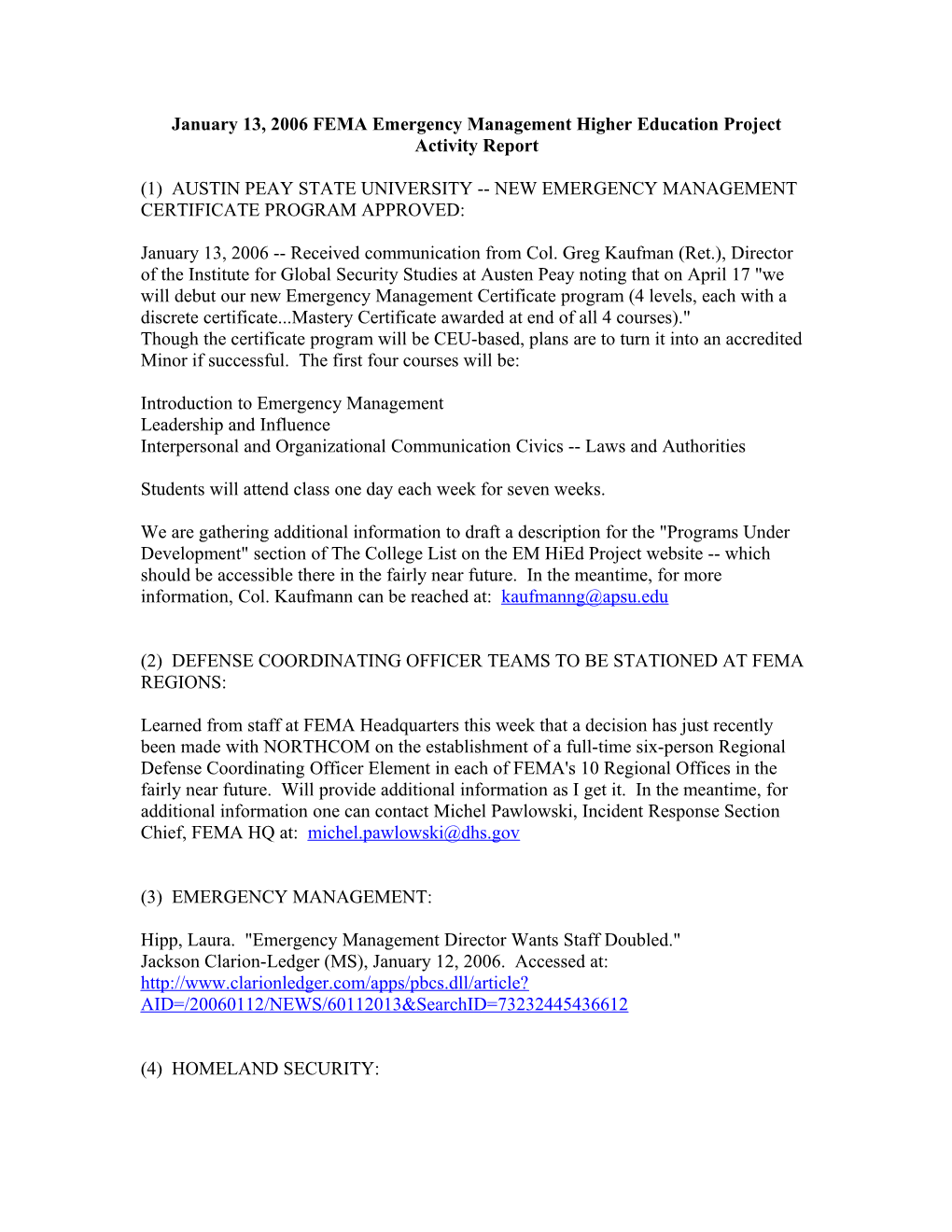 January 13, 2006 FEMA Emergency Management Higher Education Project Activity Report