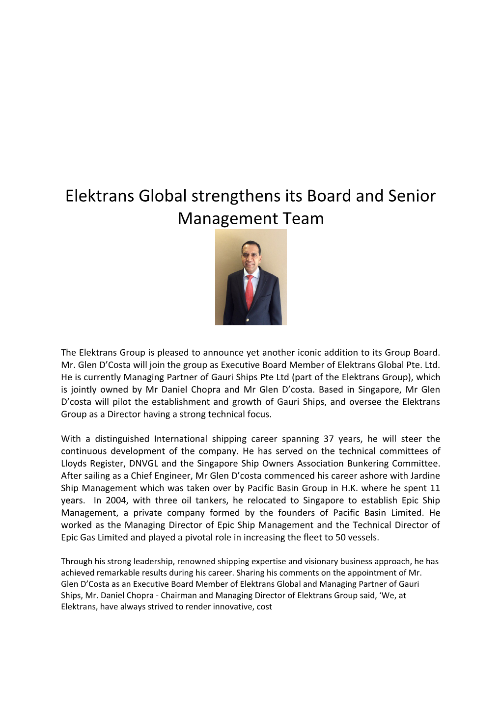 Elektrans Global Strengthens Its Board and Senior Management Team