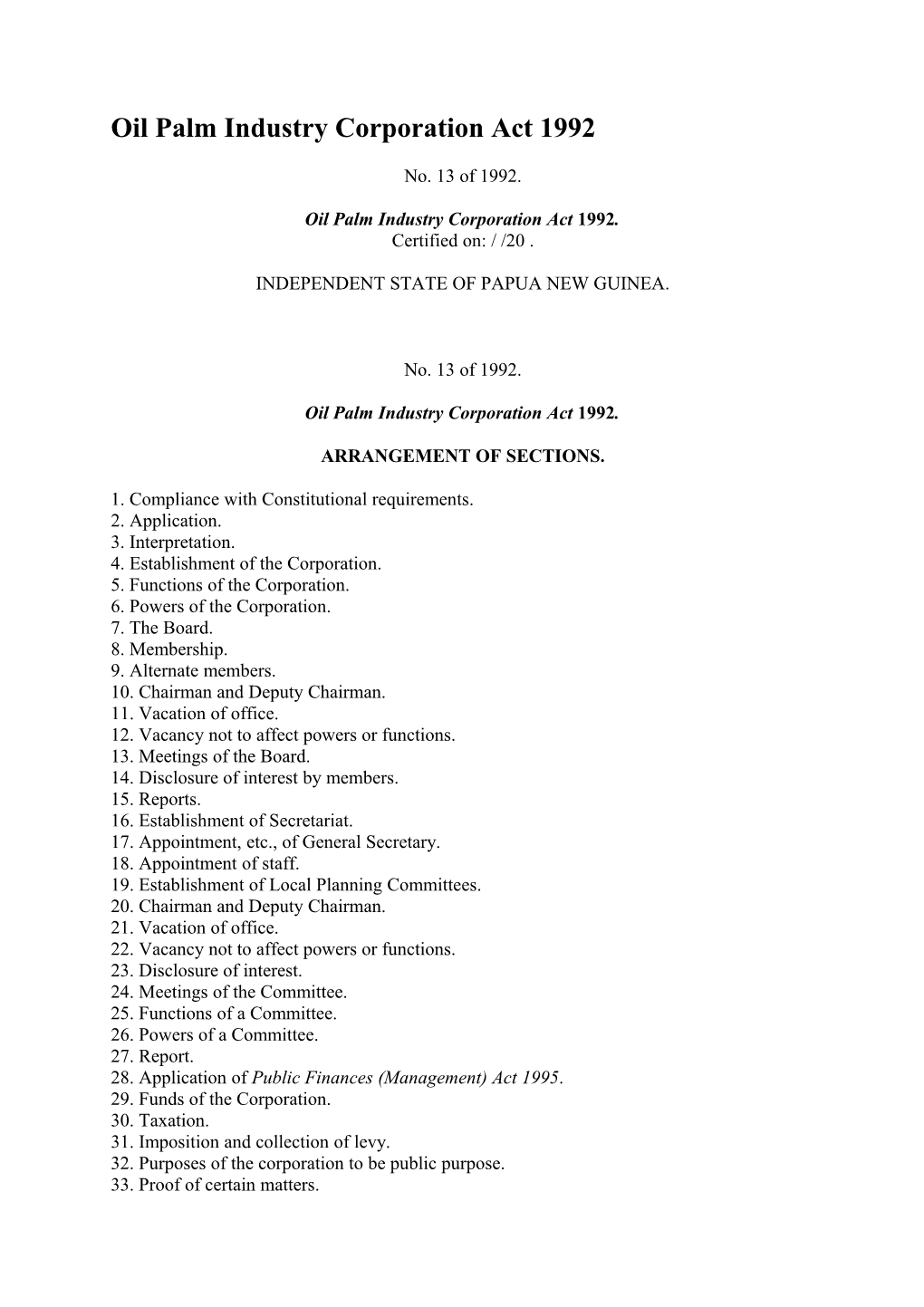 Oil Palm Industry Corporation Act 1992