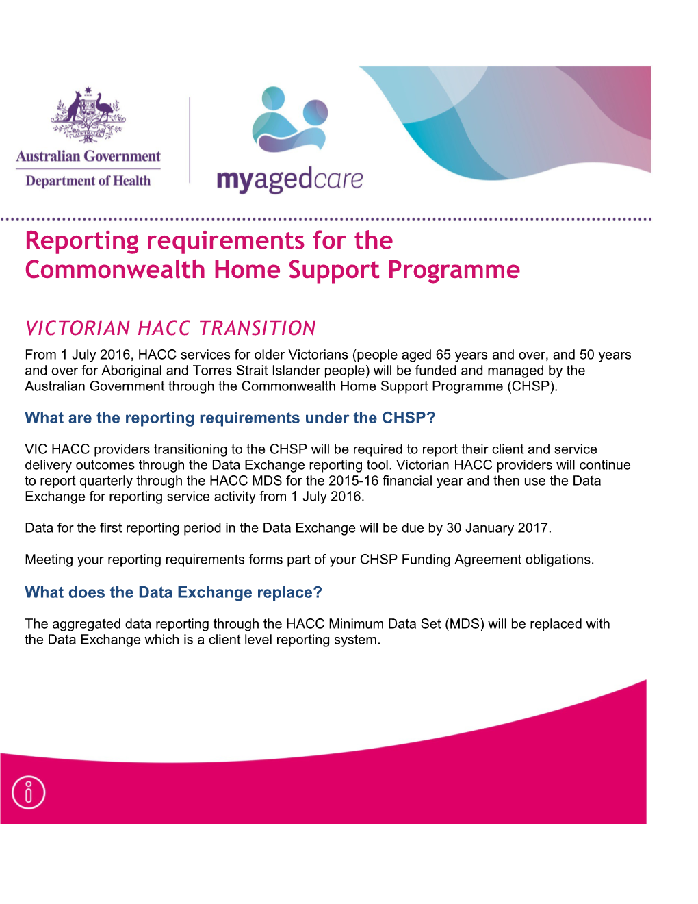 Reporting Requirements for the Commonwealth Home Support Programme