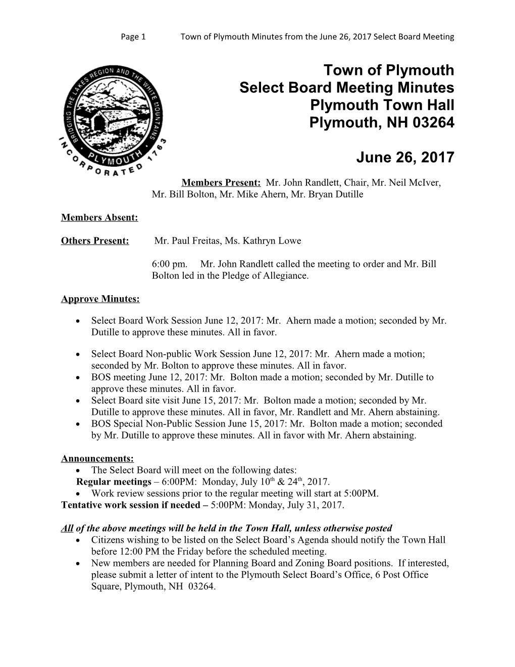 Page 1Town of Plymouth Minutes from Thejune 26, 2017 Select Board Meeting