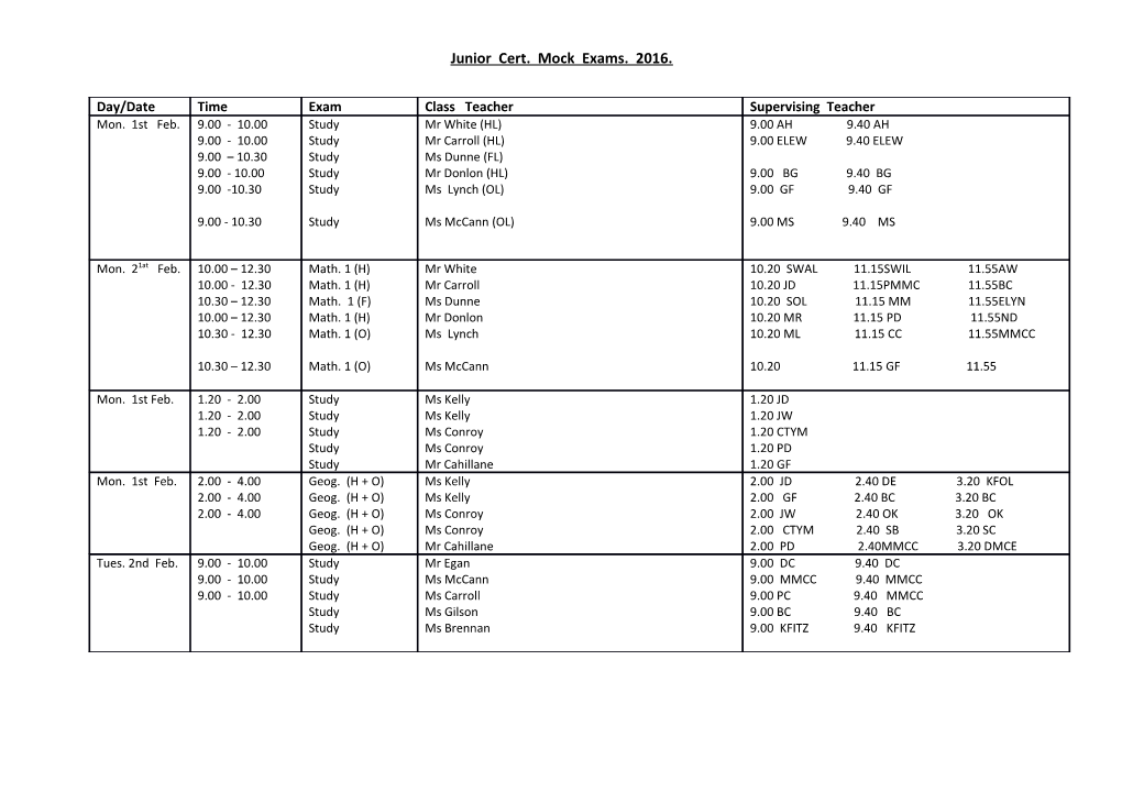 Junior Cert. Mock Exams. 2016