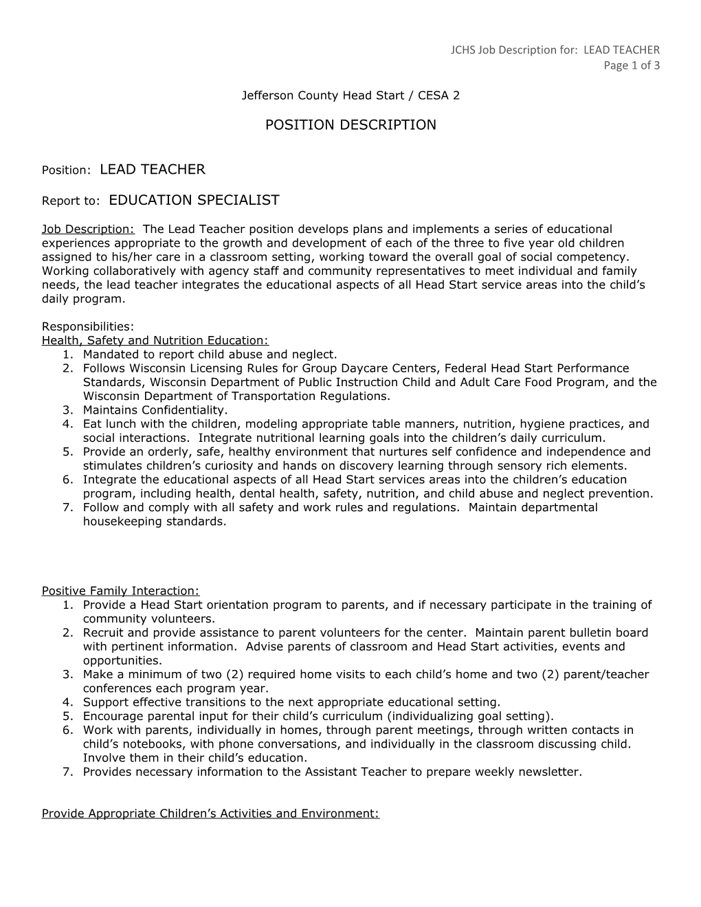 JCHS Job Description For: LEAD TEACHER