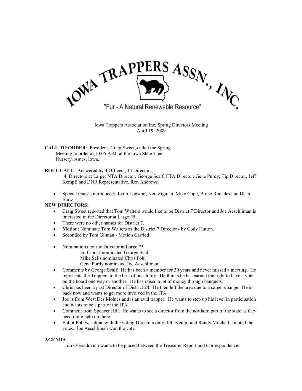 Iowa Trappers Association Inc. Spring Directors Meeting