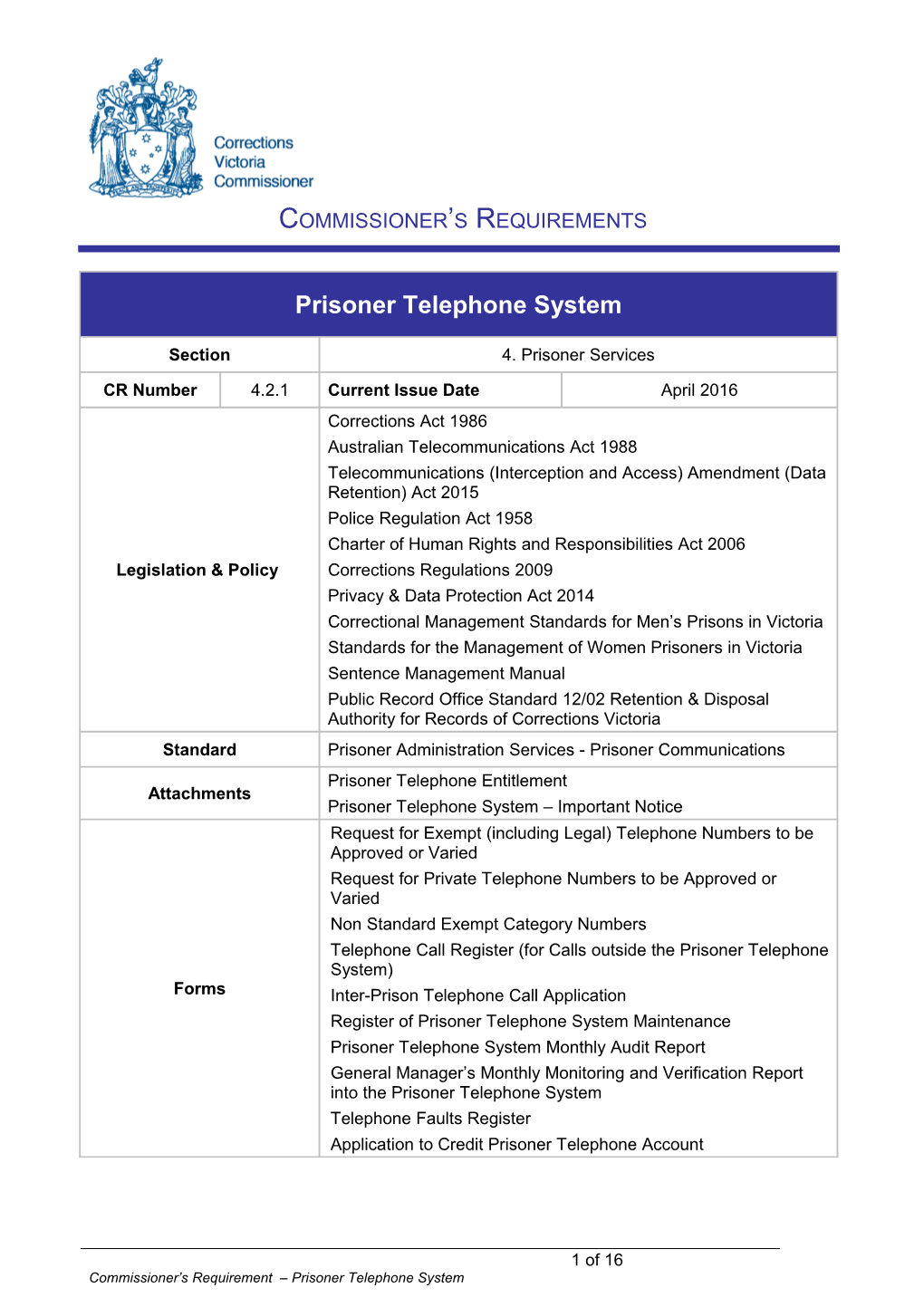 Commissioner S Requirement Prisoner Telephone System