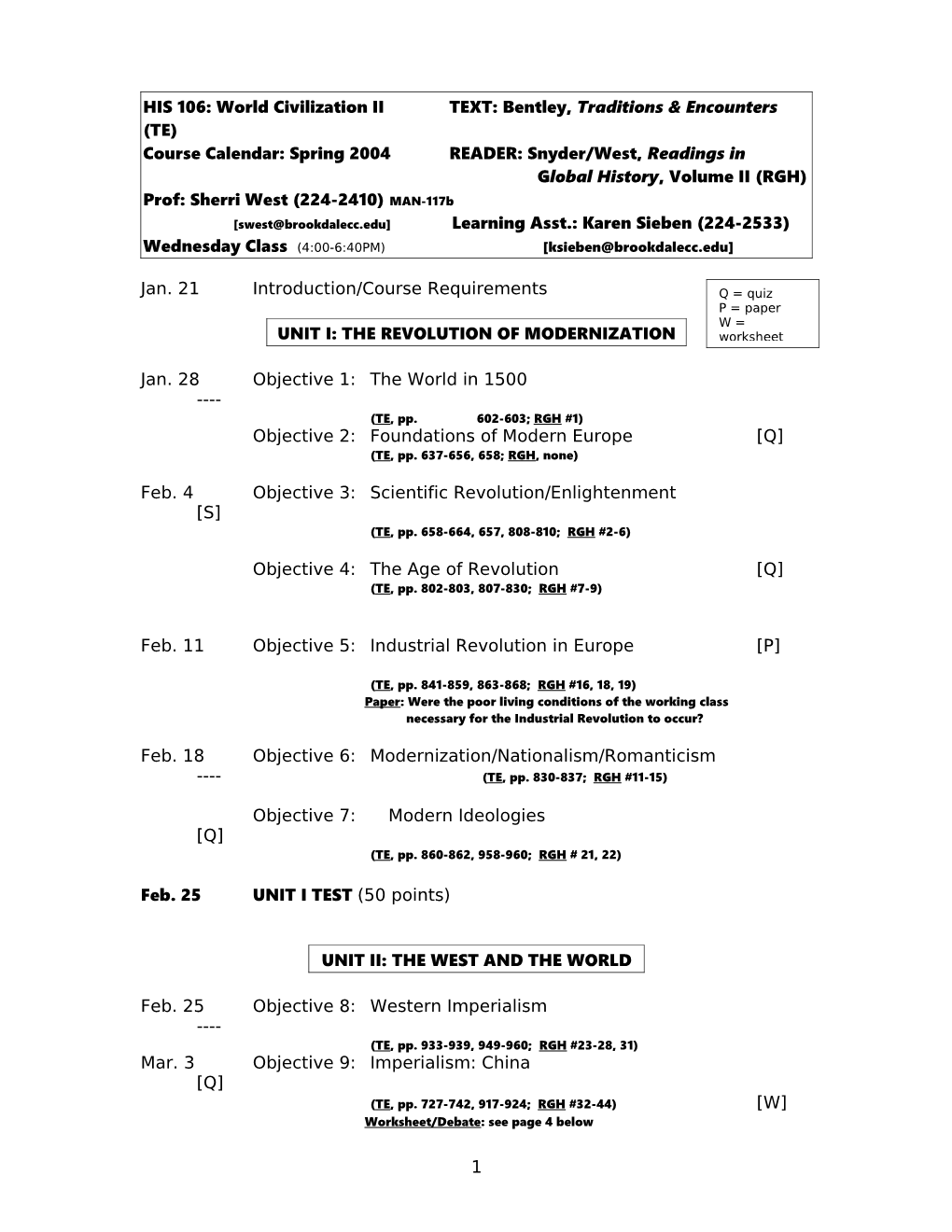 Fall Course Calendar