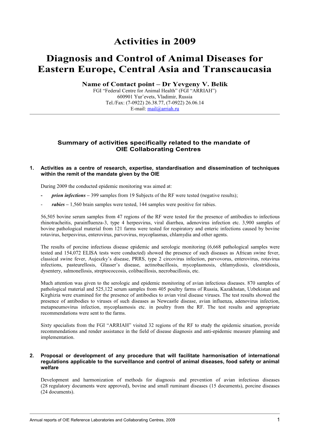 Diagnosis and Control of Animal Diseases in Eastern Europe, Central Asia and Transcaucasia