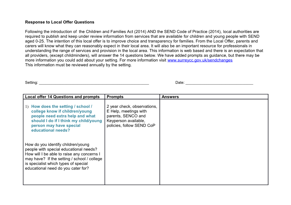 Response to Local Offer Questions