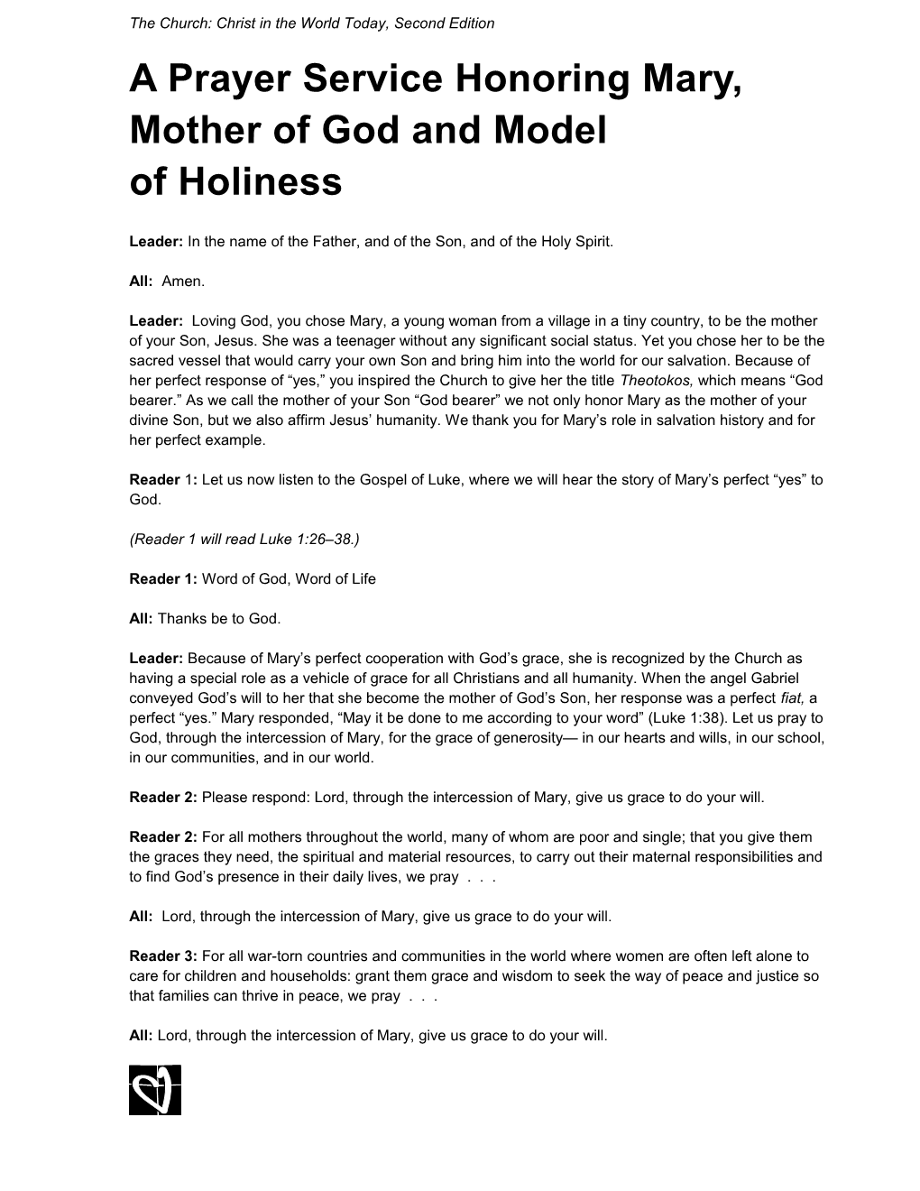 A Prayer Service Honoring Mary, Mother of God and Model of Holiness