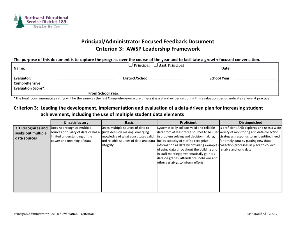 Principal/Administrator Focused Feedback Document