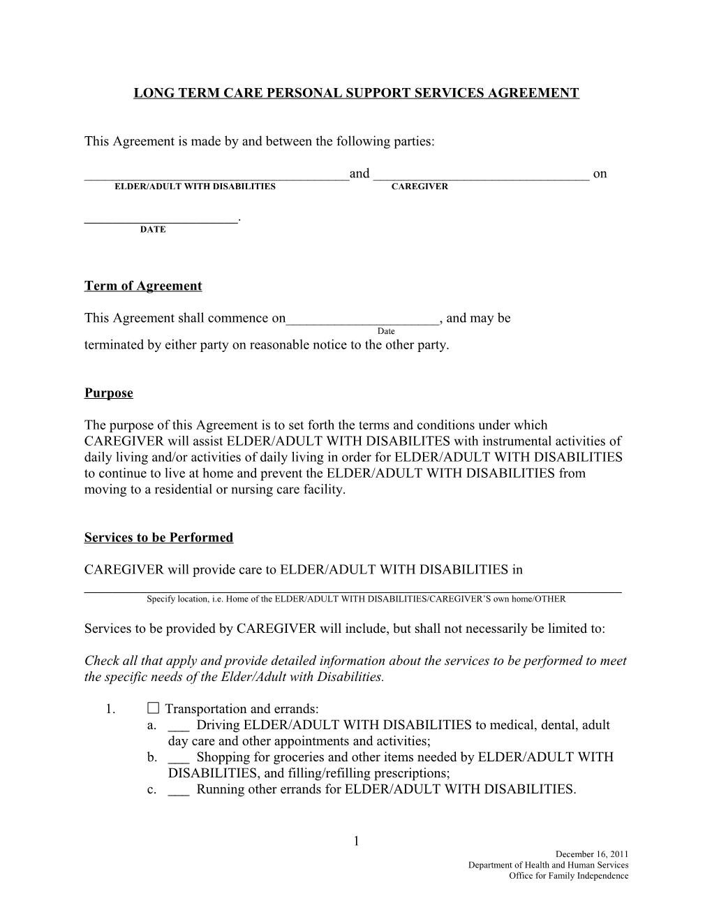 Personal Care Agreement