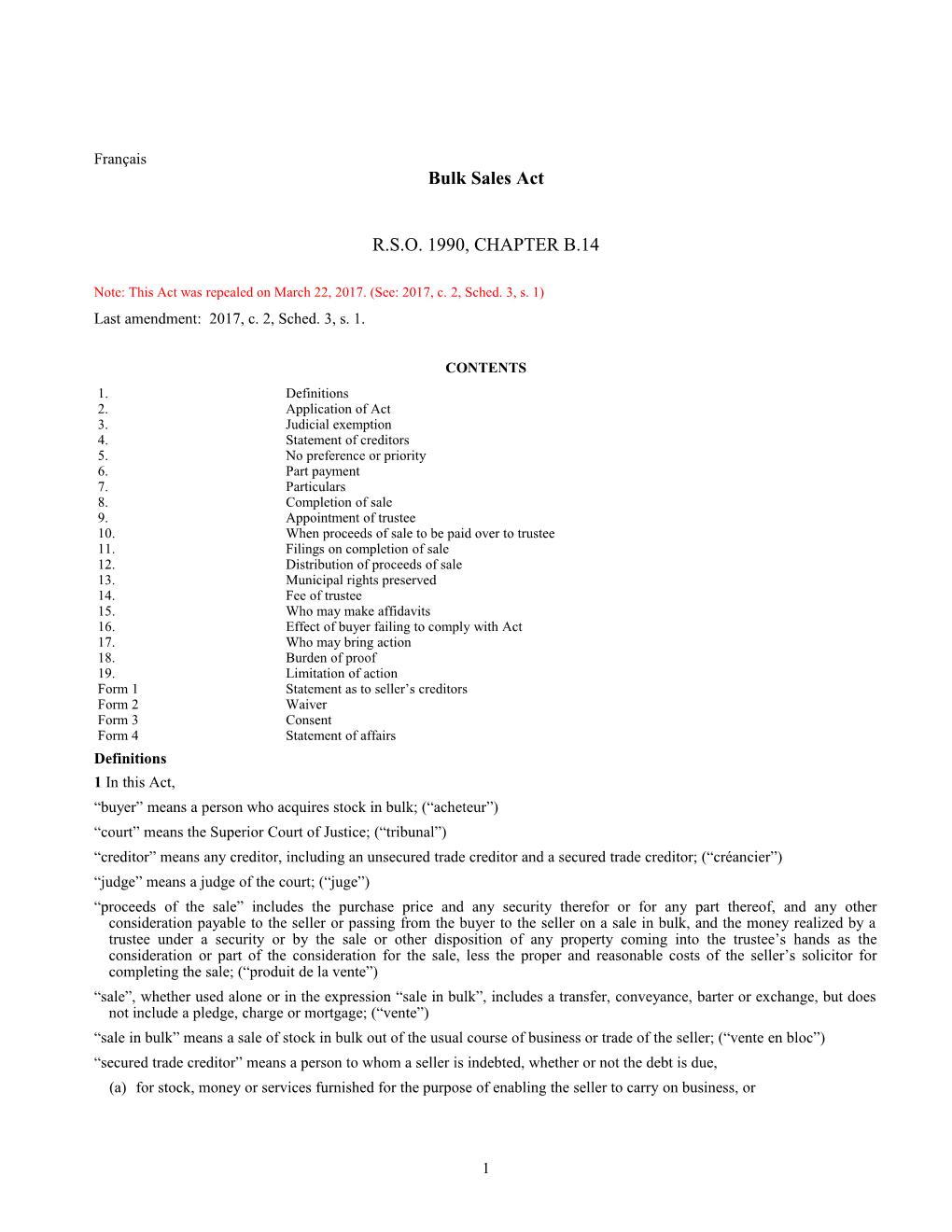 Bulk Sales Act, R.S.O. 1990, C. B.14