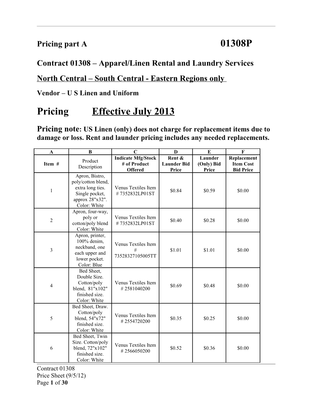 Contract 01308 Apparel/Linen Rental and Laundry Services