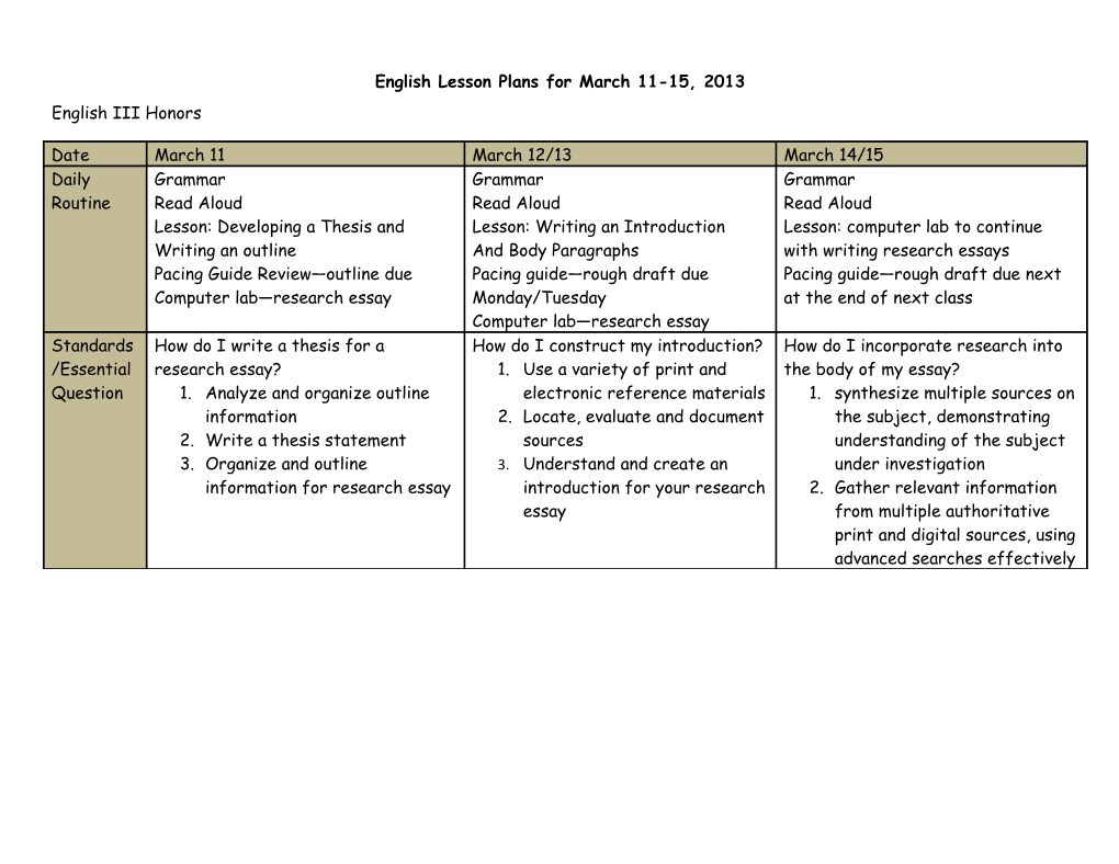 English Lesson Plans for March 11-15, 2013
